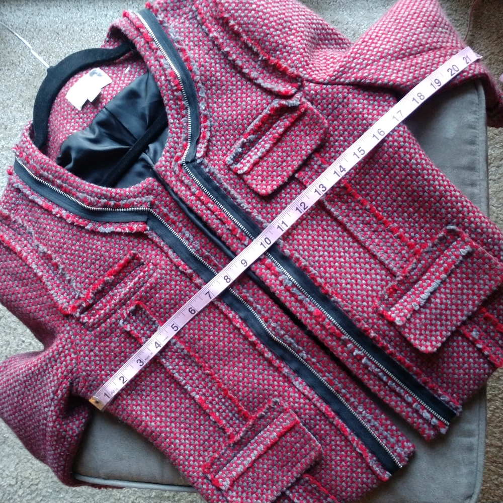 Hinge Red Tweed Crop Women Jacket Wool Size Medium - Picture 4 of 9